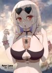  1girl absurdres alternate_costume azur_lane bangs bare_shoulders black-framed_eyewear black_bikini_top black_choker breasts bubble_tea bubble_tea_challenge character_name choker cloud cloudy_sky collarbone copyright_name cup day disposable_cup drinking_straw eyebrows_visible_through_hair eyelashes eyewear_on_head fengyue_jiang front-tie_bikini front-tie_top hair_between_eyes hand_in_hair hands_up heart heart-shaped_eyewear highres large_breasts looking_at_viewer navel o-ring o-ring_bikini o-ring_top object_on_breast open_mouth outdoors palm_tree red_eyes round_teeth scrunchie shadow short_hair sirius_(azur_lane) sirius_(midsummer_seirios)_(azur_lane) sky solo sun sunglasses sunlight teeth tongue tree upper_body white_hair white_scrunchie wrist_scrunchie 