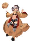  1girl :d animal_costume bangs bikini_top blackball blunt_bangs blush breasts full_body grey_hair hair_ornament hands_up horns long_sleeves looking_at_viewer medium_breasts midriff navel open_mouth original pig pig_costume red_eyes salute short_hair short_shorts shorts simple_background smile solo standing stomach teeth thighhighs vulcan_salute white_background 