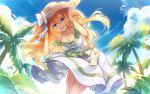  1girl aizawa_hikaru blonde_hair blue_eyes breasts cleavage cloud collarbone commentary_request day dress eyebrows eyebrows_visible_through_hair hair_between_eyes hands_on_headwear hat leaning_forward long_hair medium_breasts microsoft outdoors palm_tree ribbon shinia sky solo straw_hat sundress tree white_ribbon wind 