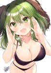  1girl :d absurdres animal_ears artist_name bangs bare_arms bare_shoulders bikini blush breasts cleavage collarbone commentary_request cowboy_shot eyebrows_visible_through_hair fang green_eyes green_hair hair_between_eyes hair_intakes halterneck hands_up heart heart-shaped_pupils highres kasodani_kyouko large_breasts looking_at_viewer navel nenobi_(nenorium) open_mouth short_hair signature simple_background skin_fang smile solo stomach swimsuit symbol-shaped_pupils touhou white_background 