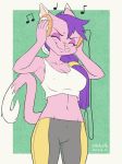  anthro big_breasts breasts clothing felid feline female hi_res mammal music simple_background skeleito smile solo 