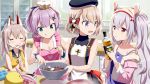  4girls :q alcohol anchor_symbol animal_ears apron ayanami_(azur_lane) azur_lane bangs black_dress black_ribbon blue_apron blush bottle bow breasts bunny_ears camisole chocolate chocolate_making cleavage closed_eyes cooking dress eyebrows_visible_through_hair fake_animal_ears food gochou_(atemonai_heya) green_eyes hair_between_eyes hair_bow hair_ornament hair_ribbon hairband hat headgear heart high_ponytail holding holding_bottle iron_cross jacket javelin_(azur_lane) laffey_(azur_lane) licking light_brown_hair long_hair looking_to_the_side marshmallow mini_hat mixing_bowl multiple_girls official_art open_clothes open_jacket open_mouth parted_lips pink_apron ponytail purple_eyes purple_hair red_eyes red_hairband ribbon short_hair silver_hair sleeveless sleeveless_dress smile surprised tongue tongue_out twintails valentine very_long_hair whisk white_apron white_headwear yellow_apron z23_(azur_lane) 