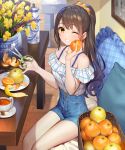  1girl ;d absurdres bare_shoulders basket blush bottle bra_strap breasts brown_eyes brown_hair collarbone cup denim denim_shorts flower food fruit grin hair_ornament hair_scrunchie high-waist_shorts highres holding holding_food holding_fruit long_hair looking_at_viewer off-shoulder_shirt off_shoulder one_eye_closed open_mouth orange original plaid plant plate ponytail potted_plant saucer scissors scrunchie shirt shorts sidelocks sitting small_breasts smile solo table teacup teffish thighs white_shirt yellow_flower 