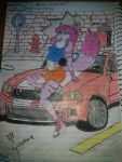  2018 anthro canid canine car clothed clothing converse female ford ford_mustang fox fur hair long_hair looking_at_viewer mammal mistress mistress_sherrie outside pinup pose prick_ears sketch smile sneakers solo street traditional_media_(artwork) vehicle 
