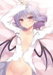  1girl arm_up bangs bat_wings bed_sheet beni_kurage blush bottomless collarbone commentary cowboy_shot eyebrows_visible_through_hair groin hair_between_eyes highres lavender_hair long_sleeves looking_at_viewer lying navel no_hat no_headwear on_back out-of-frame_censoring partially_unbuttoned red_eyes remilia_scarlet shirt short_hair solo symbol_commentary touhou white_shirt wings 