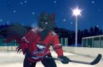  2019 ahl alex_nighthound anthro black_fur blue_eyes canid canine canis charlotte_checkers chrysisi domestic_dog fur german_shepherd herding_dog hi_res hockey ice lab_(disambiguation) male mammal night pastoral_dog skate snow solo sport 