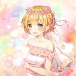  1girl ayamy bare_shoulders blonde_hair blush breasts cleavage collarbone commentary dress fang flower flower_wreath hair_between_eyes heart hololive looking_at_viewer medium_breasts open_mouth short_hair skin_fang sleeveless smile solo tearing_up upper_body virtual_youtuber wedding_dress white_dress yellow_eyes yozora_mel 