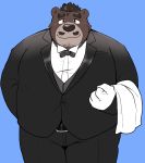  12beat13 2019 anthro blue_background blush bottomwear clothing humanoid_hands male mammal overweight overweight_male pants shirt simple_background solo suit topwear ursid 