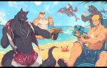  2019 abs anthro beach biceps bikini bottomwear canid canine canis cetacean clothed clothing delphinoid digital_media_(artwork) eyewear felid fur group hair hi_res human kemono male mammal marine muscular muscular_male nipples outside pantherine pecs seaside sky summer sunglasses swimwear tengo tiger toothed_whale topless wolf 