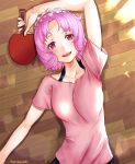  1girl :d aona_(kuuga19yuu) collarbone eyebrows_visible_through_hair from_above headdress holding_paddle looking_at_viewer lying on_back oomune_mune open_mouth paddle pink_hair pink_shirt red_eyes shakunetsu_no_takkyuu_musume shirt short_hair short_sleeves smile solo sweat table_tennis_paddle twitter_username upper_body 