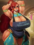  2019 apron big_breasts blue_lipstick blush breasts clothed clothing condom digital_media_(artwork) donaught duo female gerudo hair hands_behind_head hi_res holding_condom holding_object huge_breasts humanoid humanoid_pointy_ears lipstick long_hair makeup mammal mature_female muscular muscular_female nintendo not_furry red_hair tan_skin the_legend_of_zelda thick_thighs video_games wide_hips 