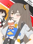  2girls ;&gt; animal bendy_straw bird black_neckwear blush bubble_tea bubble_tea_challenge closed_mouth clothed_animal collared_shirt commentary crossover dated drinking_straw english_commentary girls_frontline grey_shirt guin_guin hair_ornament hand_to_own_mouth jacket kantai_collection long_hair military_jacket multiple_girls necktie object_on_head on_head one_eye_closed one_side_up orange_neckwear penguin remodel_(kantai_collection) scarf sendai_(kantai_collection) shirt short_sleeves smile sparkle twitter_username ump45_(girls_frontline) very_long_hair white_jacket white_scarf 