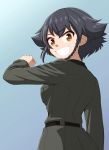  1girl anzio_military_uniform bangs belt black_belt black_hair black_shirt blue_background braid brown_eyes clenched_hand commentary dress_shirt eyebrows_visible_through_hair from_side girls_und_panzer gradient gradient_background grey_jacket grin highres jacket long_sleeves looking_at_viewer military military_uniform pepperoni_(girls_und_panzer) ruka_(piyopiyopu) shirt short_hair side_braid smile solo uniform upper_body 