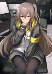  1girl armband between_legs black_jacket black_legwear blush brown_eyes brown_hair eyebrows_visible_through_hair fingerless_gloves girls_frontline gloves hair_between_eyes hand_between_legs highres jacket long_hair long_sleeves looking_at_viewer one_side_up pantyhose scar scar_across_eye sitting solo tobimura ump45_(girls_frontline) 