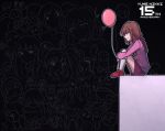  1girl anniversary balloon braid brown_eyes brown_hair commentary copyright_name english_commentary eyebrows_visible_through_hair kyukkyu-kun leg_hug light_smile long_hair long_sleeves madotsuki mafurako monoe monoko pink_sweater poniko profile red_footwear red_skirt sekomumasada_sensei shitaisan shoes sidelocks sitting skirt socks solo speckticuls sweater toriningen uboa white_legwear yume_nikki 