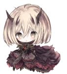  1girl :o bangs black_jacket black_skirt blonde_hair blush boots brown_eyes brown_footwear character_request chibi commentary_request cottontailtokki eyebrows_visible_through_hair full_body hair_between_eyes horns jacket neckerchief parted_lips pauldrons red_neckwear shadowverse simple_background skirt solo standing white_background 