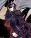  1girl :d aona_(kuuga19yuu) armor armored_dress banner black_cape black_dress black_legwear cape cowboy_shot dress fate/grand_order fate_(series) fur-trimmed_cape fur_trim gauntlets headpiece holding jeanne_d&#039;arc_(alter)_(fate) jeanne_d&#039;arc_(fate)_(all) looking_at_viewer open_mouth short_hair silver_hair smile solo standing thighhighs yellow_eyes 