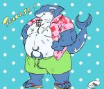  2019 anthro belly bottomwear bubble_tea clothing english_text eyes_closed fish footwear hands-free_bubble_tea humanoid_hands koideandichi male marine meme moobs overweight overweight_male sandals scar shark shirt shorts simple_background solo text tokyo_afterschool_summoners topwear typhon video_games 