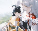  armor black_hair bow cherry_blossoms cropped flowers grass inuyasha japanese_clothes katana kimono long_hair male petals pointed_ears ponytail rin_(inuyasha) sesshomaru sleeping sword tattoo waifu2x wanke weapon white_hair yellow_eyes 