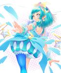  1girl asymmetrical_legwear blue_eyes blue_hair blue_legwear bracelet cure_milky earrings from_behind hair_ornament hairband highres jewelry long_hair looking_at_viewer looking_back outstretched_arm pointy_ears precure puffy_shorts shiny shiny_hair shorts shoulder_blades single_leg_pantyhose smile solo standing star star_earrings star_hair_ornament star_twinkle_precure yellow_hairband yuutarou_(fukiiincho) 