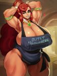  2019 apron big_breasts bite biting_lip blue_lipstick breasts clothed clothing digital_media_(artwork) donaught female gerudo hair hands_behind_head hi_res huge_breasts humanoid humanoid_pointy_ears lips lipstick long_hair looking_at_viewer makeup mammal mature_female muscular muscular_female nintendo not_furry partially_clothed pubes pussy red_hair self_bite smile solo tan_skin the_legend_of_zelda thick_thighs video_games wide_hips 