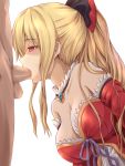  1boy 1girl absurdres bangs bare_shoulders blonde_hair blush bow breasts censored cleavage detached_collar dress fellatio granblue_fantasy hair_between_eyes hair_bow hair_ornament hetero highres large_breasts long_hair mosaic_censoring oral penis ponytail red_eyes shaded_face solo_focus twinameless vira_lilie 