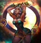  1girl bare_shoulders breasts chakram cleavage crown dark_skin highres huge_weapon jewelry league_of_legends mavoly medium_breasts necklace orange_eyes qiyana_(league_of_legends) tagme weapon white_hair wide_hips 