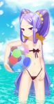  1girl 8key ball bangs bare_shoulders beach beachball bikini blush breasts closed_mouth collarbone fate/grand_order fate_(series) forehead hair_ornament hair_scrunchie highres long_hair looking_at_viewer micro_bikini navel ocean parted_bangs purple_eyes purple_hair scrunchie shiny shiny_hair small_breasts smile solo string_bra sunlight swimsuit thighs twintails very_long_hair wu_zetian_(fate/grand_order) 