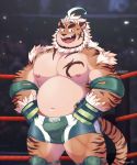  2019 anthro belly bottomwear bulge clothing felid hombretigre male mammal nipples o-ro overweight overweight_male pantherine shorts solo teeth tiger tokyo_afterschool_summoners video_games 
