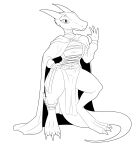  2019 absurd_res anthro belt claws clothed clothing dagger digital_media_(artwork) dress female greyscale hi_res horn kobold looking_at_viewer melee_weapon monochrome reptile scalie smile solo standing standing_tough thick_thighs weapon wide_hips 