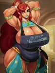  2019 apron big_breasts blue_lipstick breasts clothed clothing digital_media_(artwork) donaught female gerudo hair hands_behind_head hi_res huge_breasts humanoid humanoid_pointy_ears lipstick long_hair looking_at_viewer makeup mammal mature_female muscular muscular_female nintendo not_furry red_hair smile solo tan_skin the_legend_of_zelda thick_thighs video_games wide_hips 