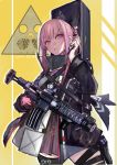  1girl ar-15 assault_rifle bangs cellphone chinese_commentary commentary dress echo eyes_visible_through_hair girls_frontline gloves gun hair_between_eyes hair_ornament holding holding_cellphone holding_gun holding_phone holding_weapon jacket long_hair looking_at_viewer multicolored_hair original parted_lips phone pink_eyes pink_hair red_gloves rifle scope sidelocks simple_background solo st_ar-15_(girls_frontline) standing streaked_hair thighhighs weapon 
