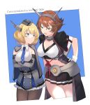  2girls arms_under_breasts artist_name black_jacket black_skirt blonde_hair blue_eyes blue_neckwear blue_skirt braid breasts brown_hair capelet character_name cleavage collar collarbone colorado_(kantai_collection) crossed_arms dress elbow_gloves flipped_hair french_braid frilled_skirt frills garrison_cap gloves green_eyes grey_capelet grey_dress grey_gloves hand_on_hip hat headgear height_conscious height_difference jacket kantai_collection kirihota large_breasts looking_at_another looking_down looking_up medium_breasts metal_collar midriff multiple_girls mutsu_(kantai_collection) necktie open_mouth outside_border pantyhose pleated_skirt remodel_(kantai_collection) short_hair shrug_(clothing) skirt standing striped striped_skirt sweatdrop tall trait_connection white_gloves work_in_progress 