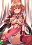  1girl artist_request bangs blush breasts butter-t homura_(xenoblade_2) large_breasts looking_at_viewer nervous nipples panties pussy red_eyes red_hair short_hair sitting smile solo sweat swept_bangs tiara underwear xenoblade_(series) xenoblade_2 