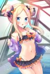  1girl abigail_williams_(fate/grand_order) bangs bare_shoulders bikini black_bikini black_bow blonde_hair blue_eyes blurry blurry_background blush bow chestnut_mouth collarbone commentary_request day depth_of_field double_bun emerald_float fate/grand_order fate_(series) fingernails forehead groin highres indoors jacket long_hair long_sleeves masayo_(gin_no_ame) navel off_shoulder open_clothes open_jacket orange_bow parted_bangs parted_lips polka_dot polka_dot_bow pool purple_jacket rei_no_pool side_bun sidelocks sleeves_past_wrists solo swimsuit thigh_gap water water_drop 