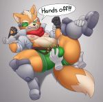  acstlu anthro belt bulge_fondling canid canine clothed clothing disembodied_hand english_text footwear fox fox_mccloud gloves handwear hi_res male mammal nintendo shoes slightly_chubby solo_focus spread_legs spreading star_fox text thick_thighs video_games wizzikt 