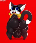  absurd_res anthro atlus backsack balls bandanna big_balls big_butt black_fur blue_eyes blush butt clothed clothing domestic_cat dongitos felid feline felis fur hi_res looking_at_viewer looking_back male mammal megami_tensei morgana_(persona) open_mouth persona red_background scarf simple_background solo video_games 