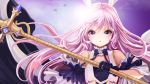  1girl animal_ears artist_request black_dress black_gloves bunny_ears dress elin_(tera) gloves highres long_hair official_art open_mouth pink_eyes pink_hair solo staff tera_online upper_body weapon white_dress wind 
