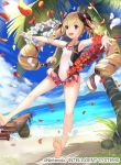  1girl armpits bangs bare_legs bare_shoulders barefoot blonde_hair blue_sky breasts cloud cloudy_sky coconut collarbone commentary_request company_name copyright_name day earrings elise_(fire_emblem_if) fire_emblem fire_emblem_cipher fire_emblem_if flower food fruit jewelry kurosawa_tetsu long_hair ocean official_art one-piece_swimsuit open_mouth outdoors outstretched_arms palm_leaf palm_tree petals purple_eyes shiny shiny_hair sky small_breasts smile solo spread_arms swimsuit toes tree twintails water 