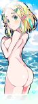  1girl :o absurdres aqua_eyes aqua_hair ass back blue_sky blush braid breasts covering covering_breasts crown_braid day enpe forehead from_behind hair_ornament hairclip hand_on_own_chest highres looking_at_viewer looking_back medium_breasts multicolored_hair ocean outdoors parted_lips pointy_ears princess_zelda short_hair sideboob sketch sky solo sunlight the_legend_of_zelda the_legend_of_zelda:_breath_of_the_wild the_legend_of_zelda:_breath_of_the_wild_2 two-tone_hair wading water 