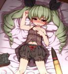  1girl anchovy arm_support bangs bed_sheet black_ribbon bloomers blush chemise commentary drill_hair eyebrows_visible_through_hair flat_chest from_above girls_und_panzer green_hair hair_ribbon half-closed_eyes light_smile long_hair looking_at_viewer lying model_tank navel on_back on_bed open_mouth red_eyes ribbon rutsubo see-through solo strap_slip sweatdrop tank_shell twin_drills twintails twitter_username underwear 
