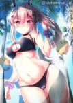  1girl ayanami_(azur_lane) azur_lane bangs bare_shoulders bikini black_bikini blue_sky blush breasts cameltoe closed_mouth cloud covered_nipples cowboy_shot day eyebrows_visible_through_hair groin hair_between_eyes hair_ornament hand_up headgear high_ponytail highres light_brown_hair long_hair looking_at_viewer medium_breasts navel o-ring o-ring_top outdoors palm_tree ponytail red_eyes scrunchie sidelocks sky solo stomach sunlight swimsuit thighs tomineko_(tomineko_p) tree twitter_username very_long_hair wrist_scrunchie 
