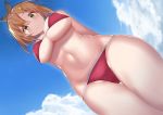  1girl absurdres arms_behind_back atelier_(series) atelier_ryza bikini black_hairband blue_sky breasts brown_eyes brown_hair closed_mouth cloud from_below hair_ornament hairband hairclip highres large_breasts looking_at_viewer red_bikini reisalin_stout short_hair sky smile solo swimsuit thigh_gap vitoputr 