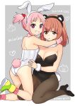  2girls animal_ears ass bare_shoulders black_leotard breasts brown_eyes brown_hair brown_legwear bunnysuit copyright_name fake_animal_ears grey_background hair_bobbles hair_ornament high_heels inaba_miu kneeling kumashiro_harumi leotard medium_breasts multiple_girls pantyhose pink_hair planet_with shinocomics shoes short_twintails simple_background small_breasts smile sneakers twintails white_leotard yuri 