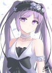  1girl absurdres bangs bare_shoulders black_bow black_hairband bow closed_mouth commentary_request dress euryale eyebrows_visible_through_hair fate/hollow_ataraxia fate_(series) flower frilled_hairband frills hairband highres ichikawayan long_hair petals purple_eyes purple_hair rose signature sleeveless sleeveless_dress solo twintails twitter_username upper_body very_long_hair white_dress white_flower white_rose 