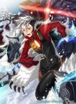  1boy animal_ears black_hair fangs fire_emblem fire_emblem_cipher fire_emblem_if flannel_(fire_emblem_if) gem gloves glowing glowing_eyes horn jewelry kyo_niku long_hair male_focus monster multicolored_hair necklace official_art open_mouth orange_eyes scar snow solo tail teeth tree two-tone_hair white_hair 