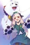  1girl alternate_costume animal animal_ears bead_necklace beads bear bear_ears bear_paws black_ribbon blush cis05 commentary_request dress eyebrows_visible_through_hair fang fate/grand_order fate_(series) gao gloves green_dress hair_between_eyes hair_ornament hair_ribbon illyasviel_von_einzbern jewelry long_hair looking_at_viewer necklace open_mouth paw_gloves paws polar_bear red_eyes ribbon sharp_teeth shirou_(fate/grand_order) silver_hair simple_background sitonai smile teeth white_background 