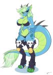  2019 absurd_res anthro blush bra breasts camel camelid campfire_(character) clothed clothing digital_media_(artwork) dragon fangs female green_eyes green_hair hair hi_res horn legwear long_hair looking_at_viewer mammal mirapony multicolored_hair non-mammal_breasts panties scalie smile solo toes underwear 