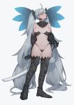  1girl absurdly_long_hair ahoge armor bikini_armor black_panties blush breasts cleavage earrings eyebrows full_body jewelry large_breasts long_hair looking_at_viewer mole mole_under_eye navel original panties rabbit_(wlsdnjs950) silver_hair smile solo tongue tongue_out twintails underwear very_long_hair 