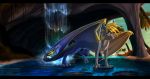  2015 black_bars blonde_hair claws day detailed_background dragon feral hair hi_res membrane_(anatomy) membranous_wings outside scalie skaydie sky solo standing water waterfall western_dragon wings 